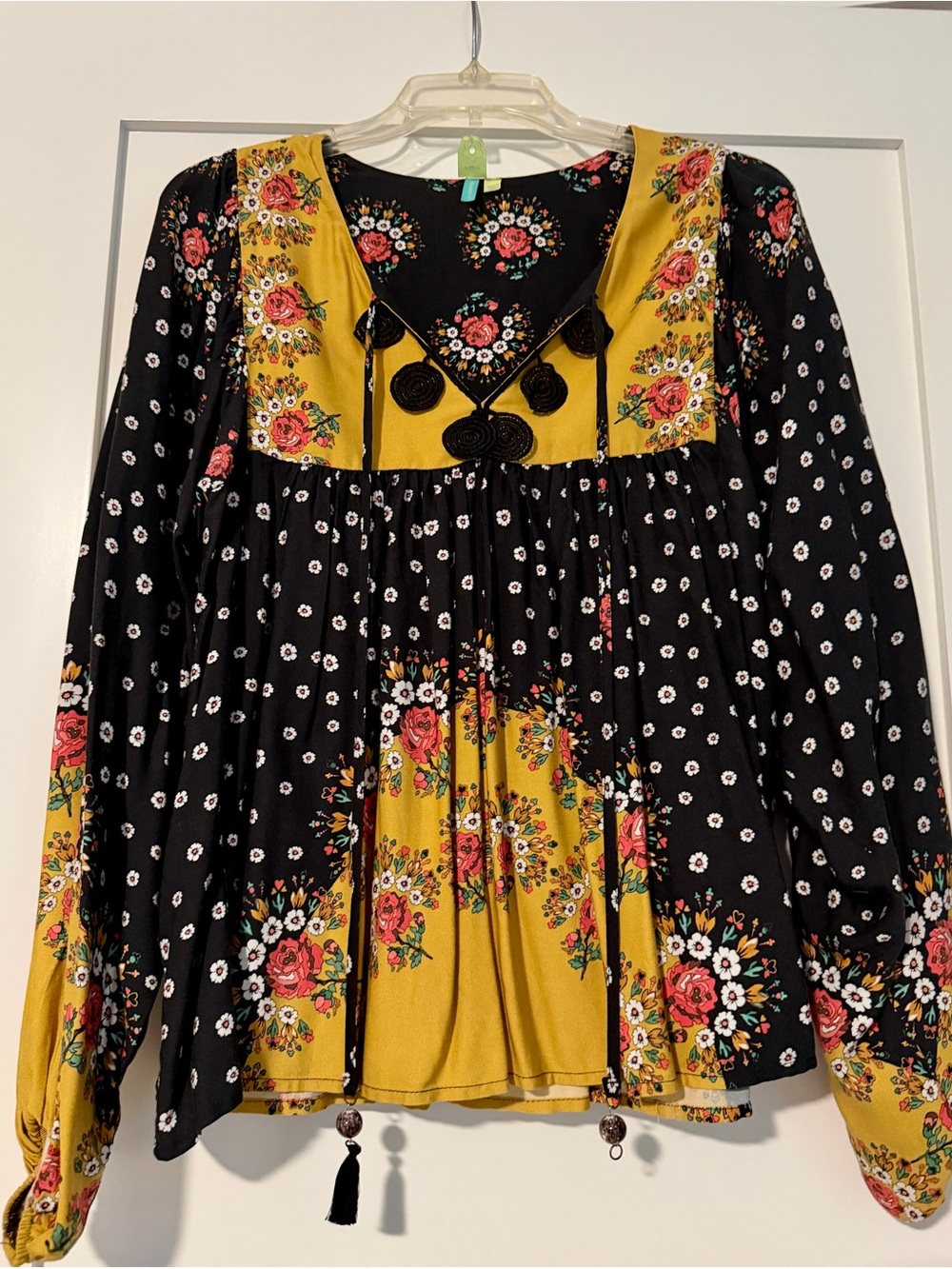 FARM Rio Intarsia Black & Yellow Floral Peasant Blouse Tassel Top - Size Small